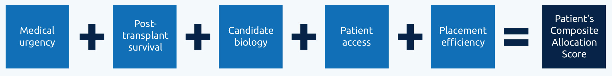 Specific attributes labeled in boxes in a line next to each other separated by plus signs. Medical urgency plus post-transplant survival plus candidate biology plus patient access plus patient efficiency equal a patient’s composite allocation score. Desktop image.